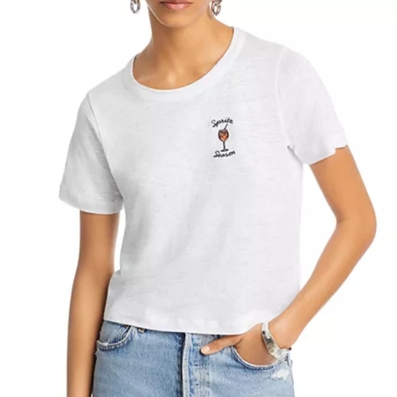 Chaser Tops - Chaser White Spritz Season Linen Embroidered Short Sleeve Tee Shirt Size Small